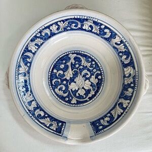 Rampini Gubbio Italy Hand Painted Blue White Bowl Plate 3 Twisted Handles 12”